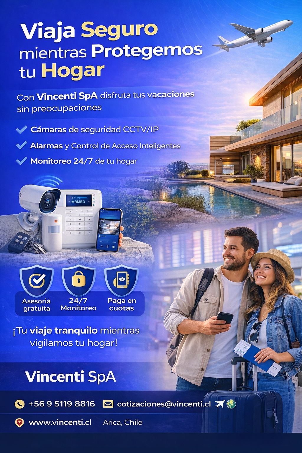 Afiche informativo: viaja seguro mientras protegemos tu hogar
